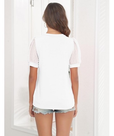Womens Dressy Casual Tops Swiss Dot Sheer Puff Short Lace Sleeve V Neck Shirts Blouse White $16.82 Blouses