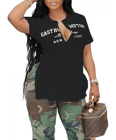 Womens Graphic Tees Sexy V Neck Short Sleeve Side Slit T Shirts Black-east $11.99 T-Shirts