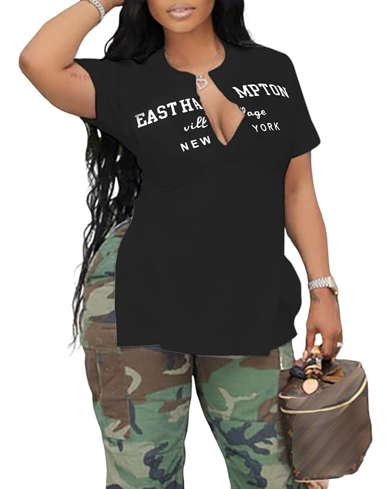 Womens Graphic Tees Sexy V Neck Short Sleeve Side Slit T Shirts Black-east $11.99 T-Shirts