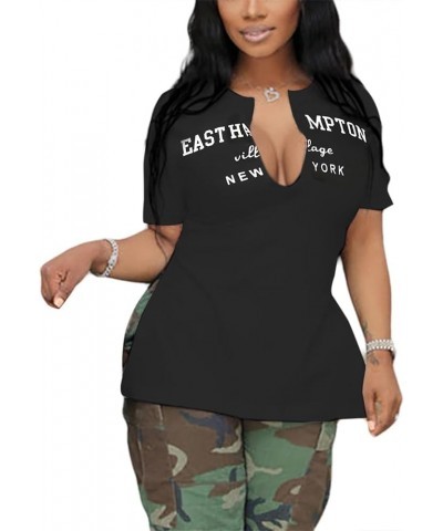 Womens Graphic Tees Sexy V Neck Short Sleeve Side Slit T Shirts Black-east $11.99 T-Shirts