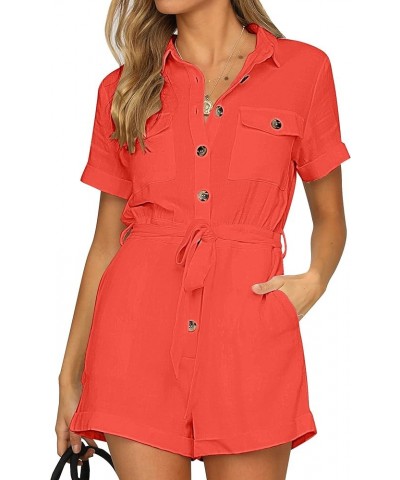 Women's Summer Short Sleeve Button Down Pockets Belted Jumpsuits Rompers Cherry Tomato Red $23.36 Rompers