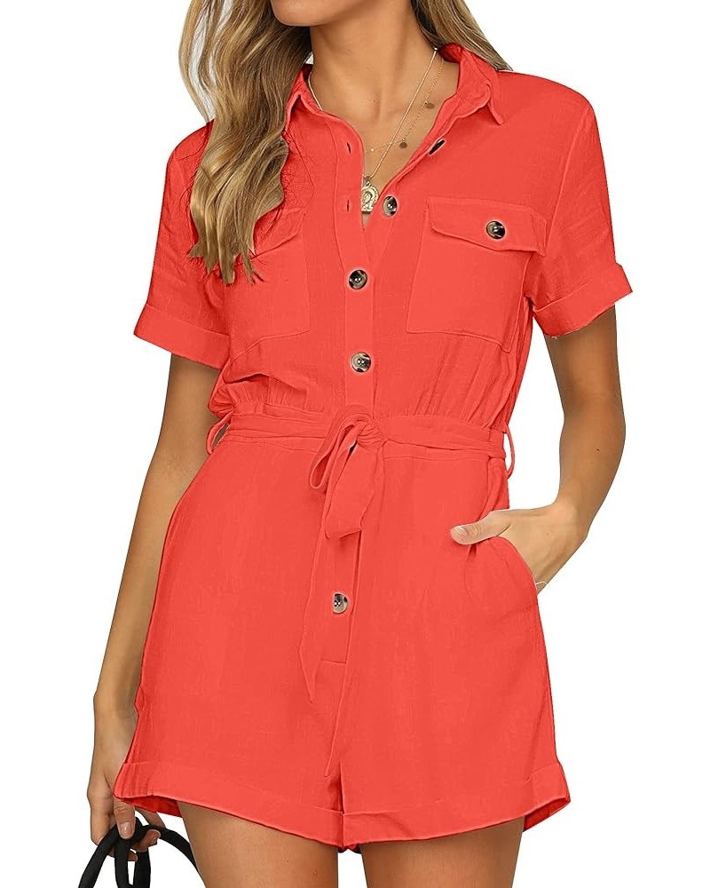 Women's Summer Short Sleeve Button Down Pockets Belted Jumpsuits Rompers Cherry Tomato Red $23.36 Rompers