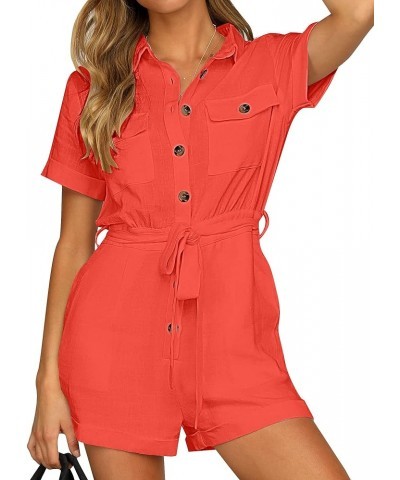 Women's Summer Short Sleeve Button Down Pockets Belted Jumpsuits Rompers Cherry Tomato Red $23.36 Rompers