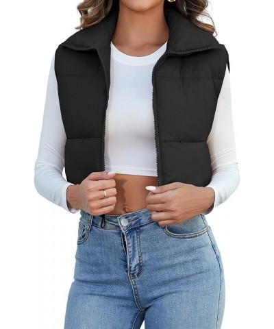 Women's Padded Down Vest Puffer Stand Collar Zip Up Crop Sleeveless Jacket Black $17.84 Vests