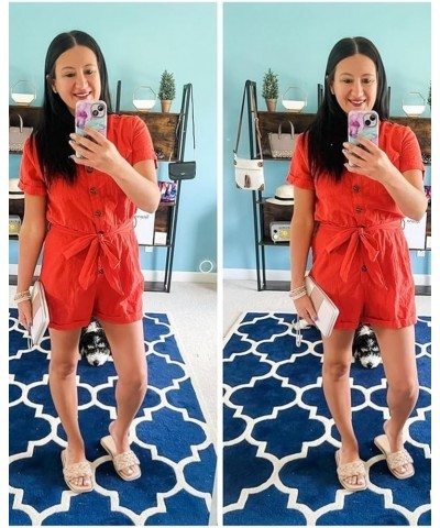 Women's Summer Short Sleeve Button Down Pockets Belted Jumpsuits Rompers Cherry Tomato Red $23.36 Rompers