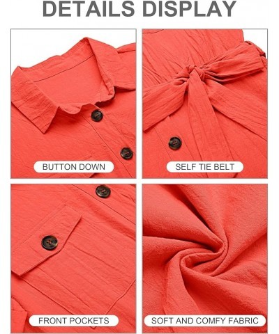 Women's Summer Short Sleeve Button Down Pockets Belted Jumpsuits Rompers Cherry Tomato Red $23.36 Rompers