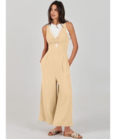 Women's Summer Wide Leg Jumpsuits V Neck Sleeveless High Waist Vacation Linen Rompers Dressy Beige $20.25 Jumpsuits