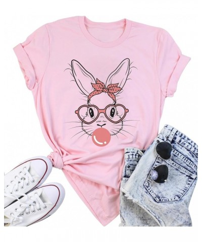 Happy Easter Shirts for Women Easter Bunny T-Shirt Rabbit Graphic Tees Easter Egg Holiday Shirt Tops Pink2-bunny Glasses $8.8...