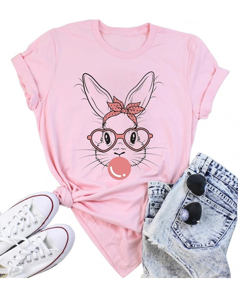 Happy Easter Shirts for Women Easter Bunny T-Shirt Rabbit Graphic Tees Easter Egg Holiday Shirt Tops Pink2-bunny Glasses $8.8...