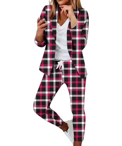 Womens 2 Piece Plaid Suit Set Business Office Long Sleeve Open Front Blazer Slim Fit Long Pants Set Casual Outfits 05 Pink $1...