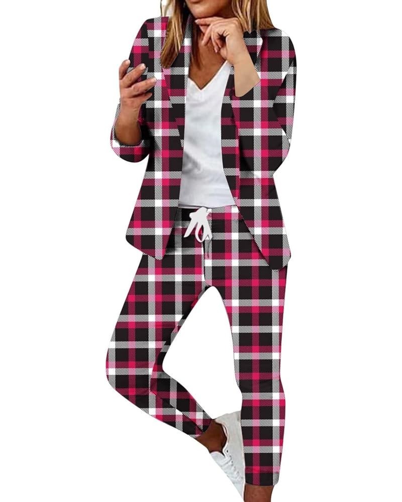 Womens 2 Piece Plaid Suit Set Business Office Long Sleeve Open Front Blazer Slim Fit Long Pants Set Casual Outfits 05 Pink $1...