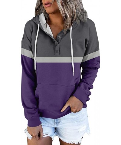 Womens Fall Fashion 2023,Womens Casual Patchwork Button Long Sleeve Hoodies Pullover Drawstring Pocket Sweatshirt 5-gray $9.9...