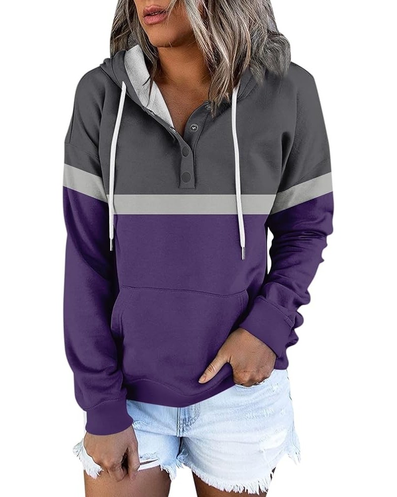Womens Fall Fashion 2023,Womens Casual Patchwork Button Long Sleeve Hoodies Pullover Drawstring Pocket Sweatshirt 5-gray $9.9...