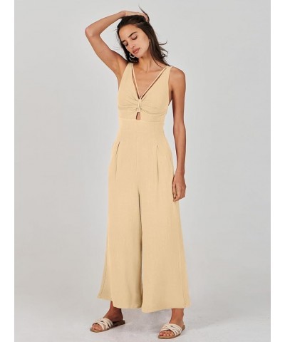 Women's Summer Wide Leg Jumpsuits V Neck Sleeveless High Waist Vacation Linen Rompers Dressy Beige $20.25 Jumpsuits
