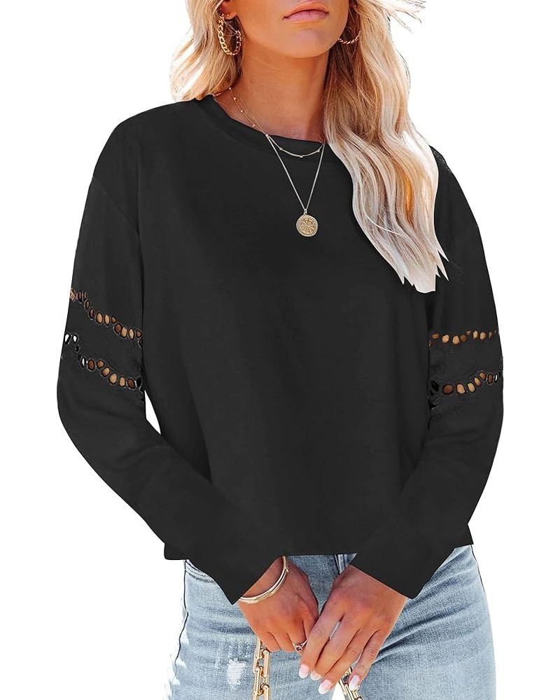 Women's Lace Long Sleeve Tops Casual Round Neck Pullover Loose Fit T-Shirts Black $10.98 T-Shirts