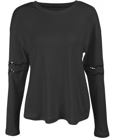 Women's Lace Long Sleeve Tops Casual Round Neck Pullover Loose Fit T-Shirts Black $10.98 T-Shirts