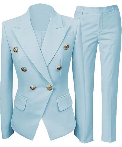 Women's 2 PC Double Breasted Prom Suit Modern Fit Office Lady Suit Notch Lapel Business Suit Light Blue $32.50 Suits