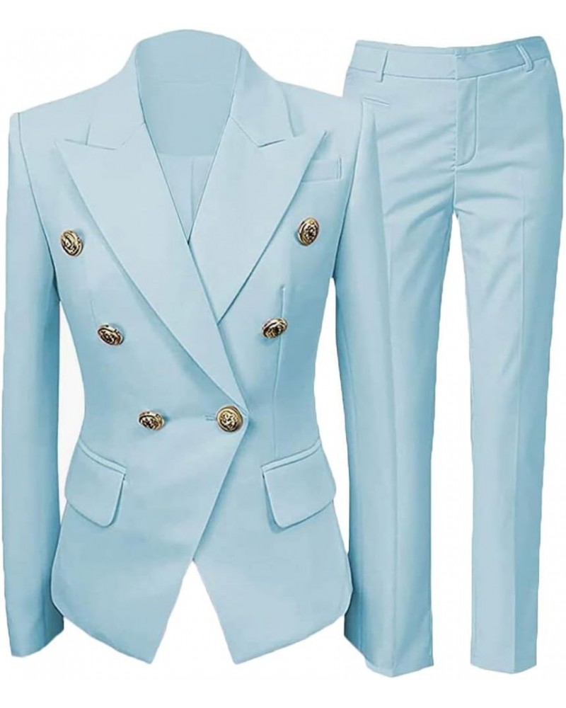 Women's 2 PC Double Breasted Prom Suit Modern Fit Office Lady Suit Notch Lapel Business Suit Light Blue $32.50 Suits