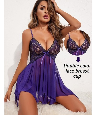 Lingerie for Women Lace Babydoll Sleepwear Boudoir Outfits Plus Size Langeray XS-5XL Black Purple $7.50 Lingerie