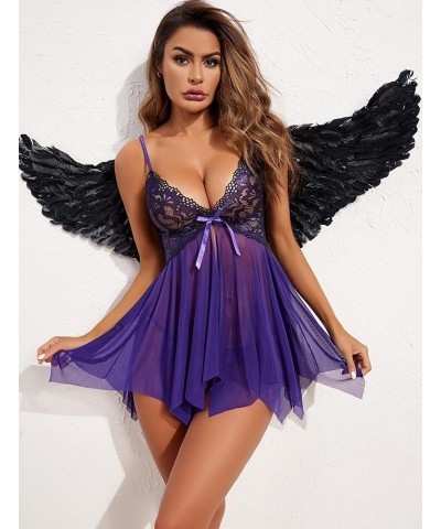Lingerie for Women Lace Babydoll Sleepwear Boudoir Outfits Plus Size Langeray XS-5XL Black Purple $7.50 Lingerie