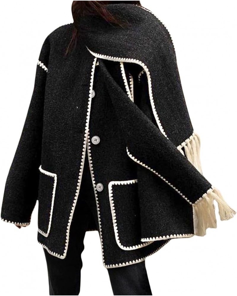 Women Wool Trench Coat Embroidered Scarf Jacket Oversized Button Down winter Wool Blend Coat with Tassel Scarf Black $18.04 C...
