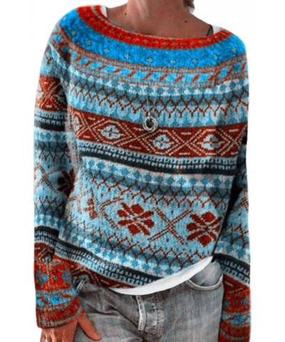 Fair Isle Sweaters for Women Geometric Pattern Loose Knitted Pullover Tops Cropped Vintage Argyle Crewneck Sweaters Blue Colo...