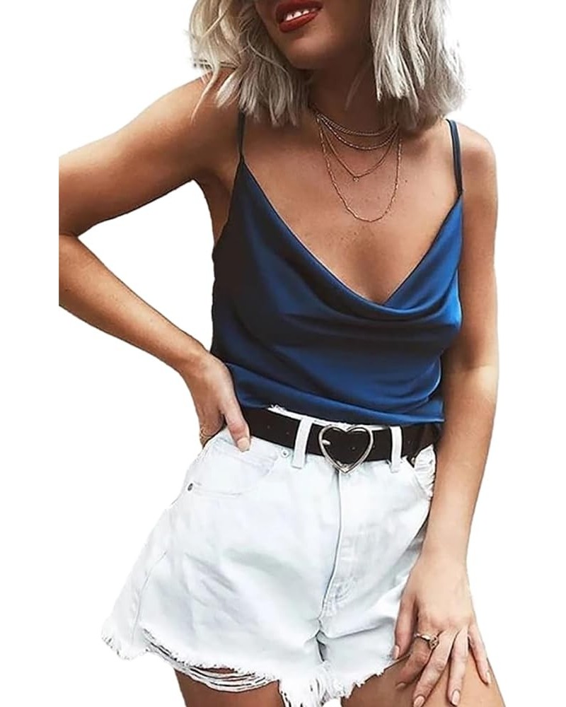 Women's Sleeveless Silk Satin Tank Top Adjustable Strap Shirt V-Neck Camisole Blouses for Summer Navy $6.35 Tanks