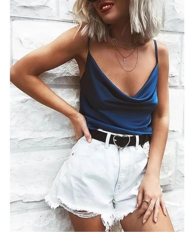 Women's Sleeveless Silk Satin Tank Top Adjustable Strap Shirt V-Neck Camisole Blouses for Summer Navy $6.35 Tanks