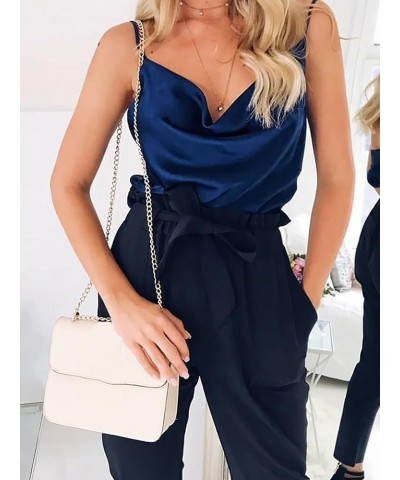 Women's Sleeveless Silk Satin Tank Top Adjustable Strap Shirt V-Neck Camisole Blouses for Summer Navy $6.35 Tanks