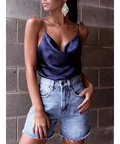 Women's Sleeveless Silk Satin Tank Top Adjustable Strap Shirt V-Neck Camisole Blouses for Summer Navy $6.35 Tanks