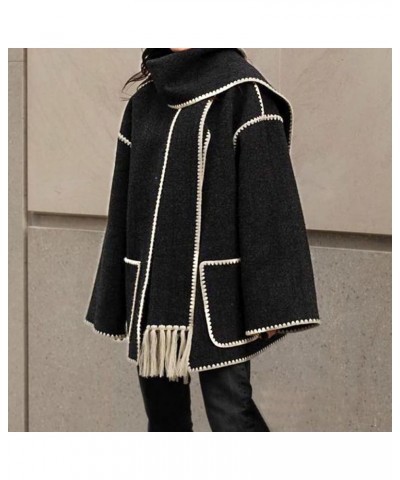 Women Wool Trench Coat Embroidered Scarf Jacket Oversized Button Down winter Wool Blend Coat with Tassel Scarf Black $18.04 C...