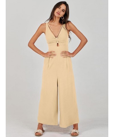 Women's Summer Wide Leg Jumpsuits V Neck Sleeveless High Waist Vacation Linen Rompers Dressy Beige $20.25 Jumpsuits