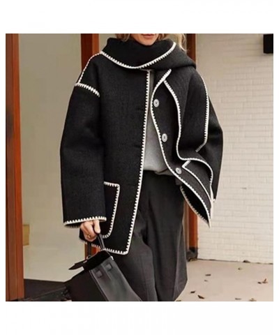 Women Wool Trench Coat Embroidered Scarf Jacket Oversized Button Down winter Wool Blend Coat with Tassel Scarf Black $18.04 C...