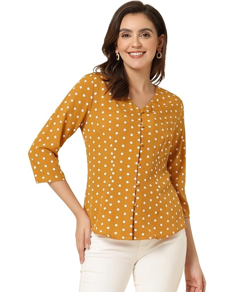 Women's Polka Dots 3/4 Sleeve Button Front Vintage Office Blouse Top Yellow $13.76 Blouses