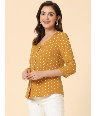 Women's Polka Dots 3/4 Sleeve Button Front Vintage Office Blouse Top Yellow $13.76 Blouses
