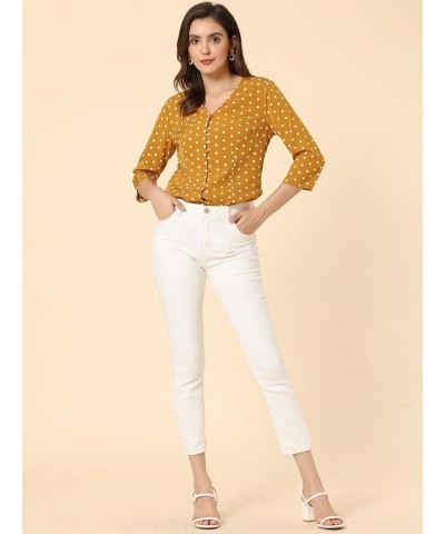 Women's Polka Dots 3/4 Sleeve Button Front Vintage Office Blouse Top Yellow $13.76 Blouses