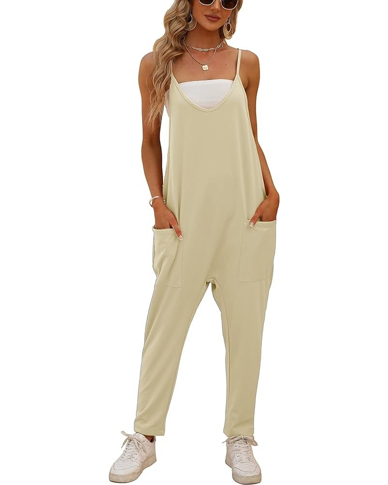 Women's Loose V Neck Jumpsuits Sleeveless Spaghetti Strap Long Pants Harem Overalls with Pockets Apricot $15.07 Overalls