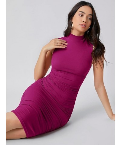 Women's Solid Sleeveless Mock Neck Knee Length Ruched Bodycon Dress Medium Fuchsia $15.58 Dresses