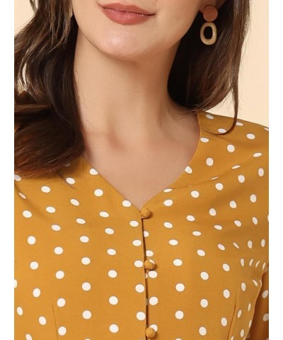 Women's Polka Dots 3/4 Sleeve Button Front Vintage Office Blouse Top Yellow $13.76 Blouses