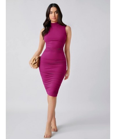 Women's Solid Sleeveless Mock Neck Knee Length Ruched Bodycon Dress Medium Fuchsia $15.58 Dresses