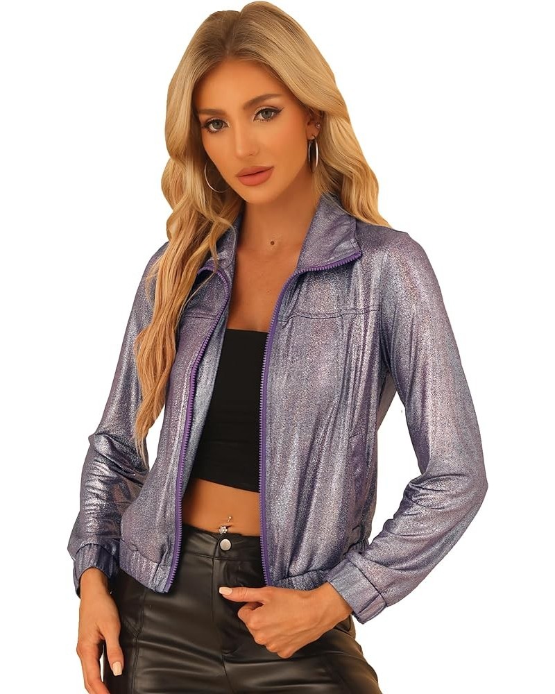Women's Holographic Shiny Party Christmas Long Sleeve Lightweight Zipper Metallic Jacket Small Purple Gold $21.12 Jackets