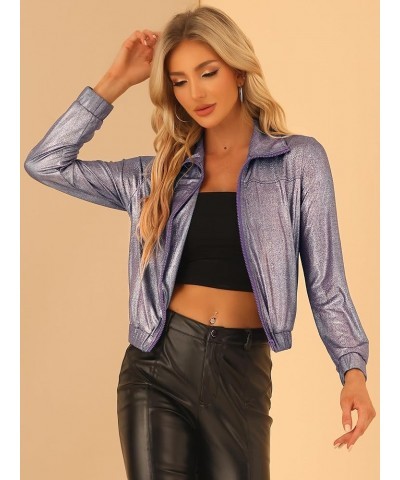 Women's Holographic Shiny Party Christmas Long Sleeve Lightweight Zipper Metallic Jacket Small Purple Gold $21.12 Jackets