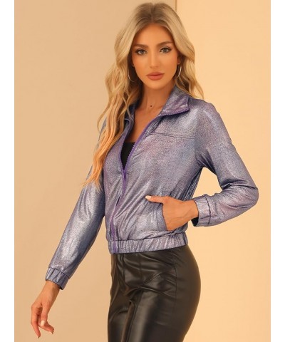 Women's Holographic Shiny Party Christmas Long Sleeve Lightweight Zipper Metallic Jacket Small Purple Gold $21.12 Jackets